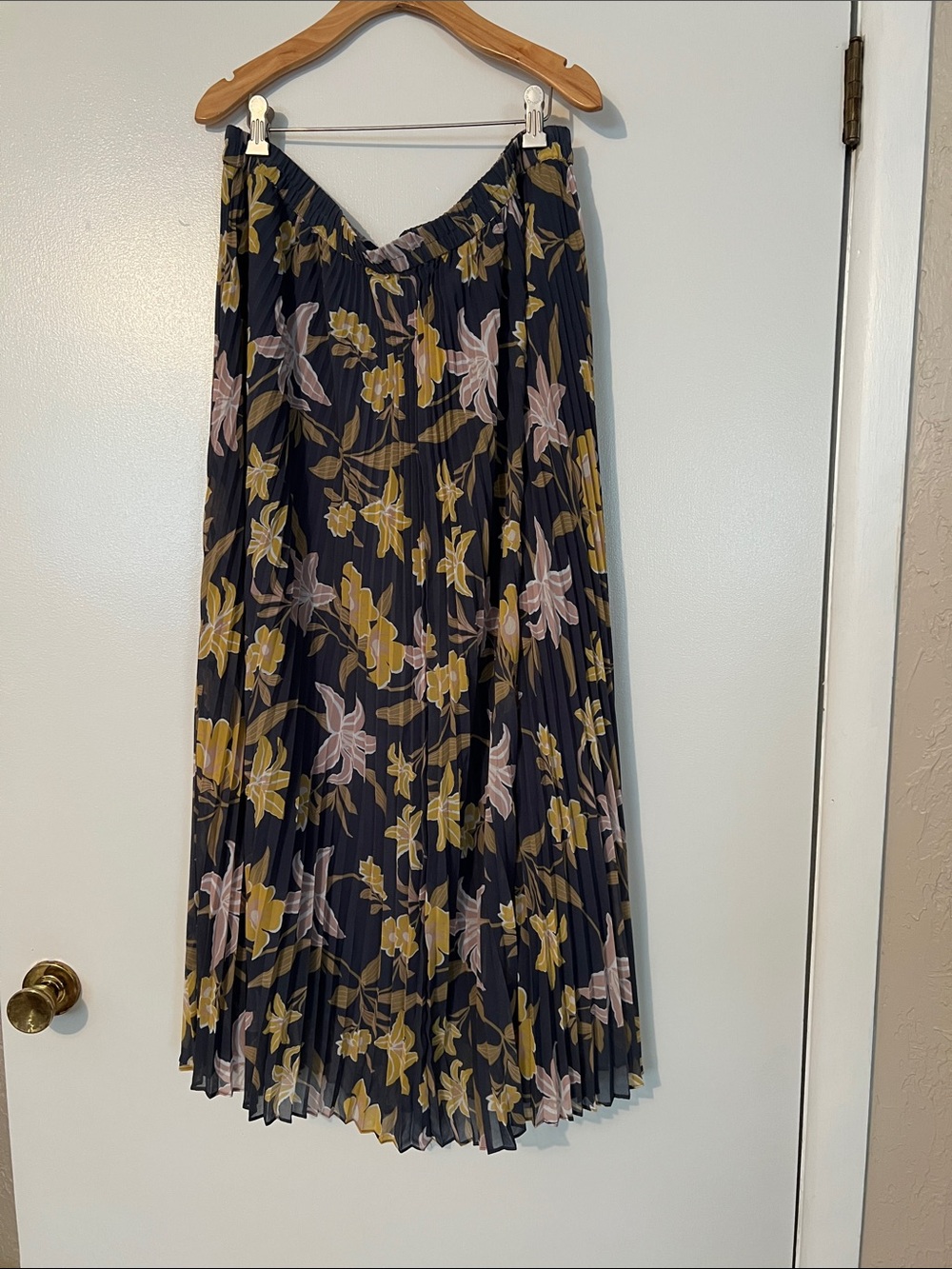 LOFT Navy Pleated Midi Skirt with Yellow & Pink Floral Print